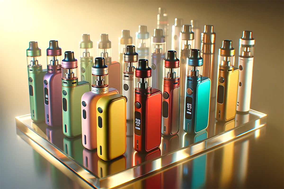 a variety of pod mod vapes showing different colors and styles