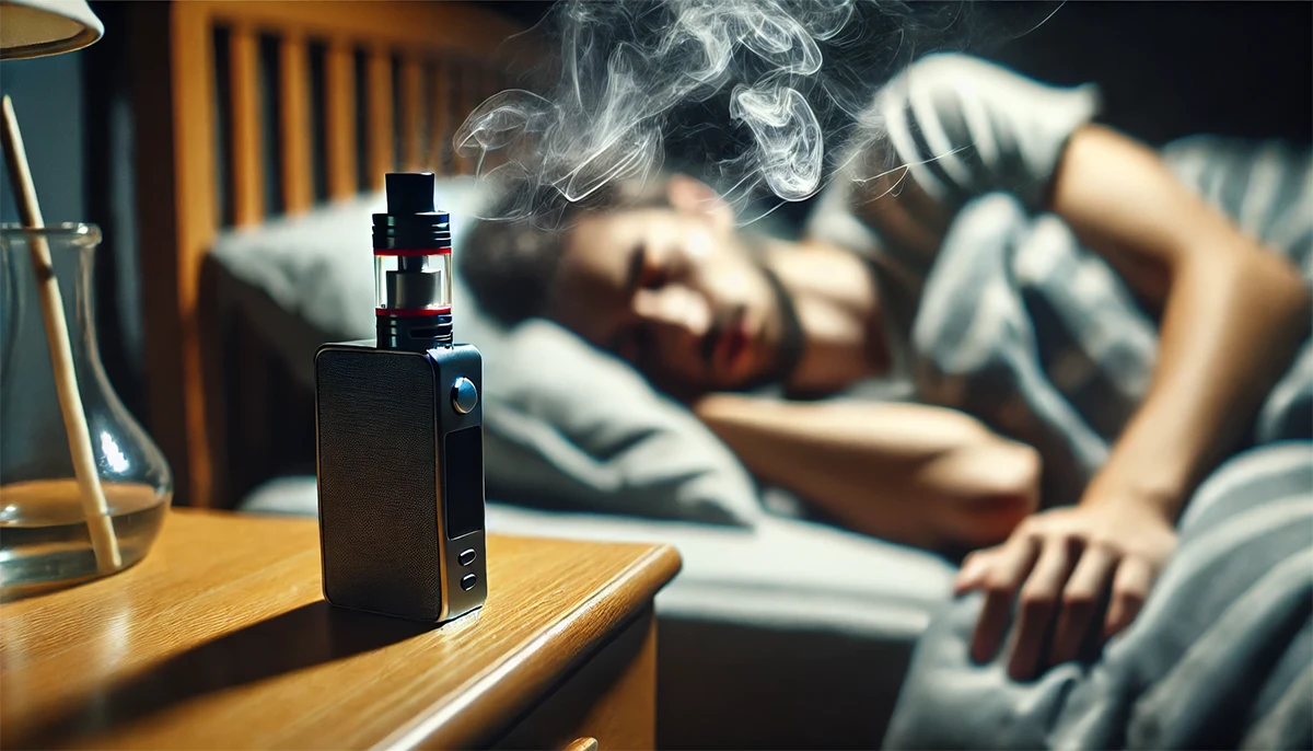 a restless sleeper tossing with a blurred vape device