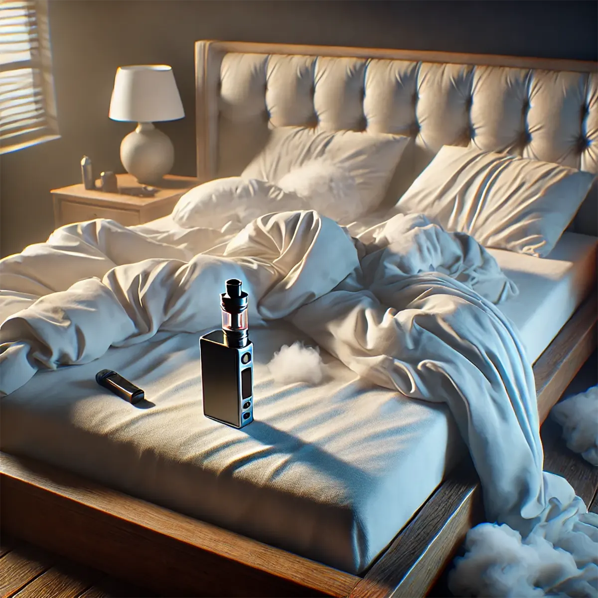 a vape device placed on a disturbed  bed