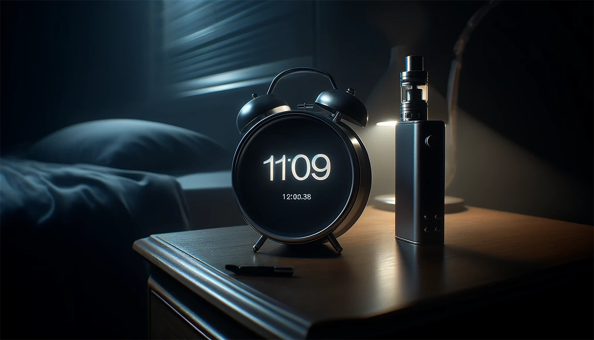 a digital alarm clock showing a late hour next to a vape device