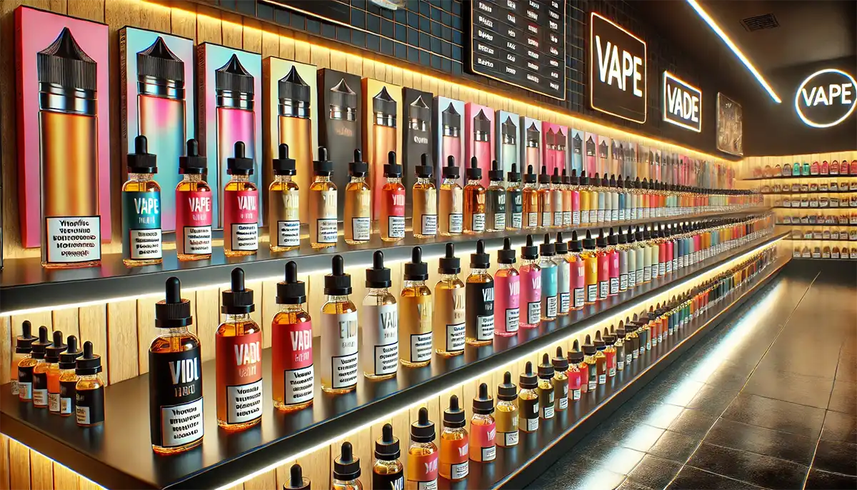 various flavored vape liquids lined up on a modern retail shelf