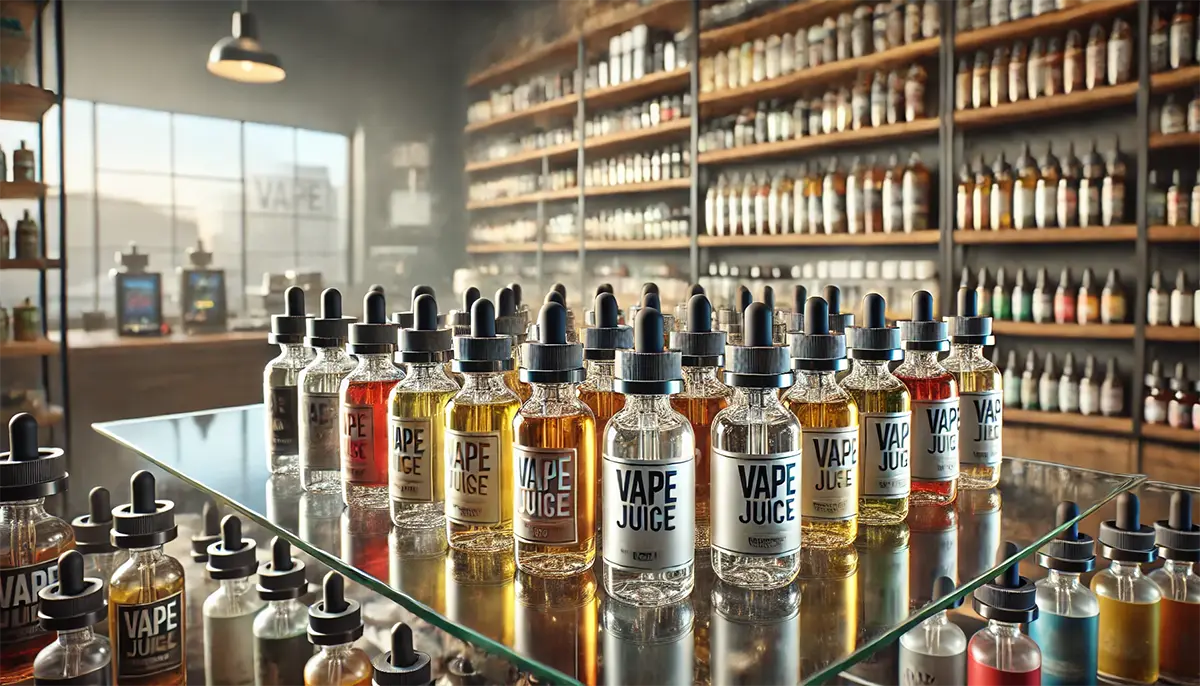 a collection of various vape juices in clear bottles with visible labels