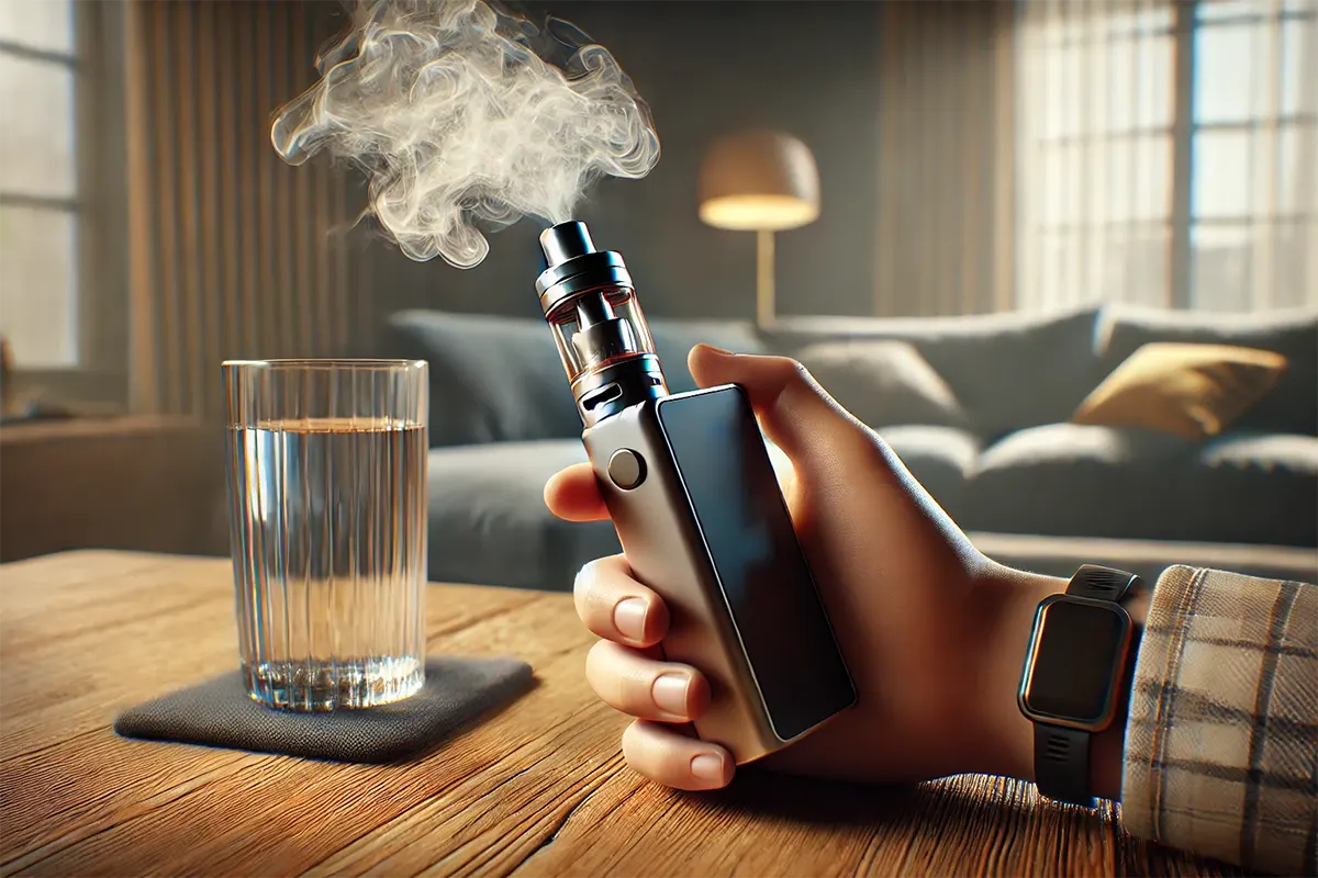 an adult vaper holding a modern vape device with a glass of water