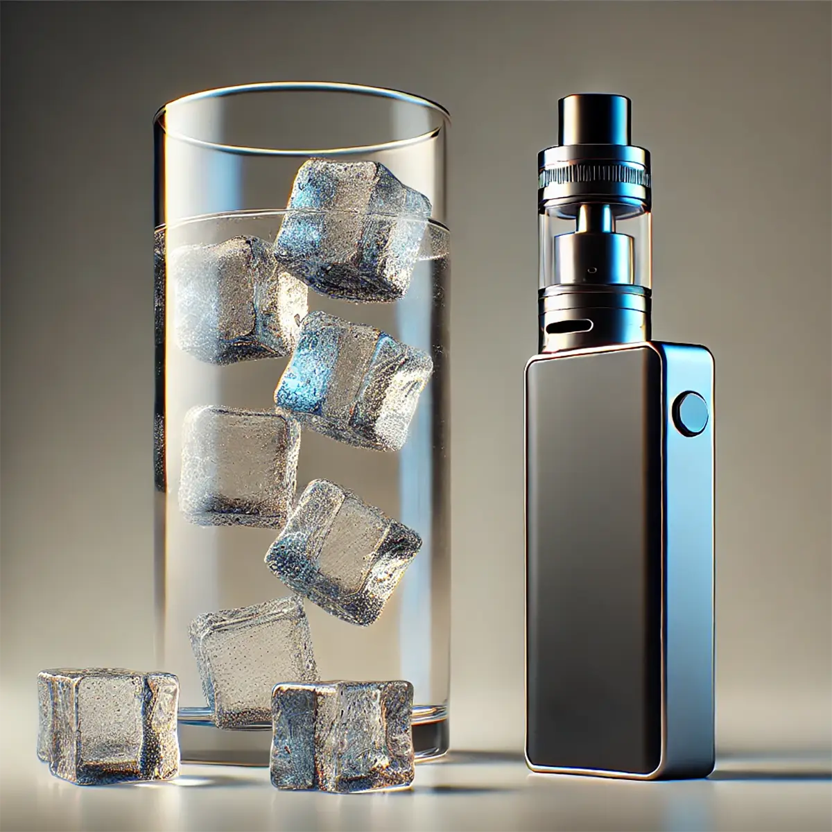 a modern, stylish vape device placed next to a tall glass of water