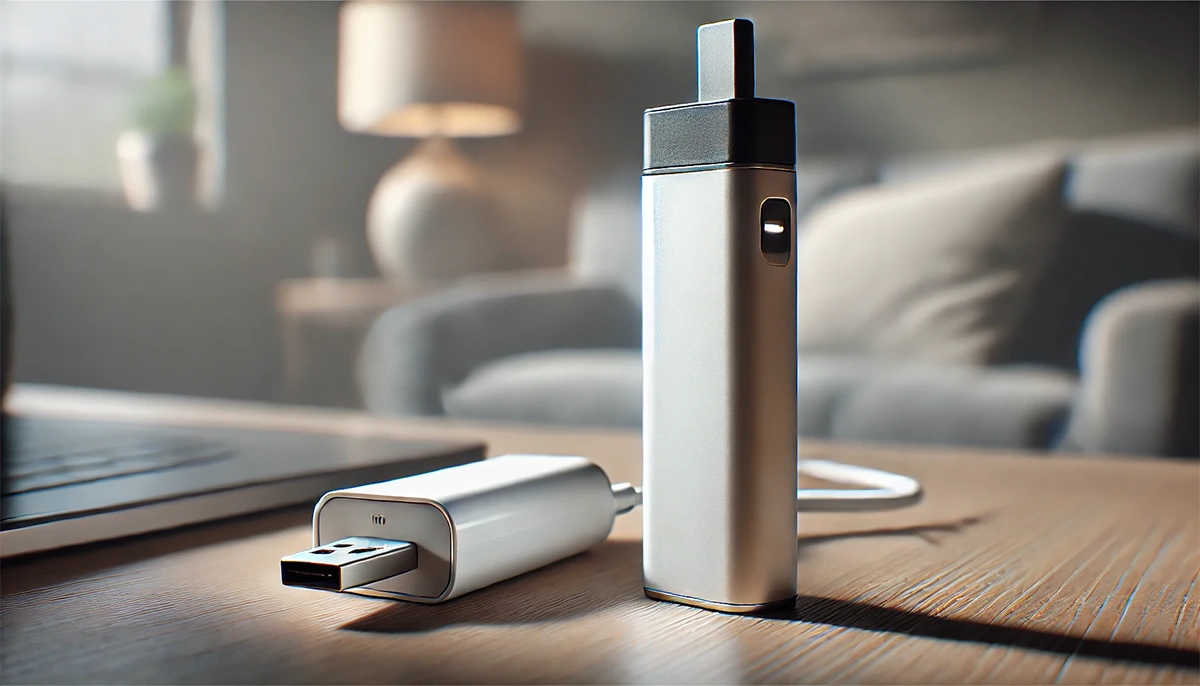 a disposable vape with a visible USB charging port connected to a USB charger