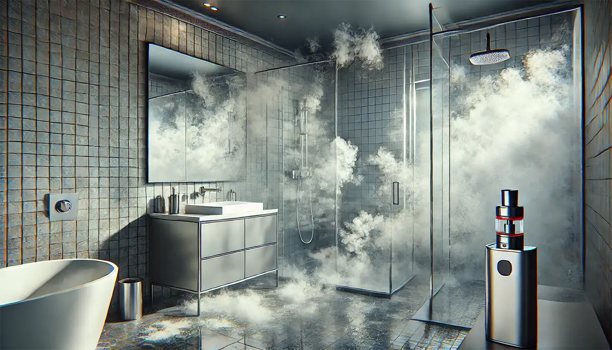 a bathroom with visible vape residue on mirrors and tiles