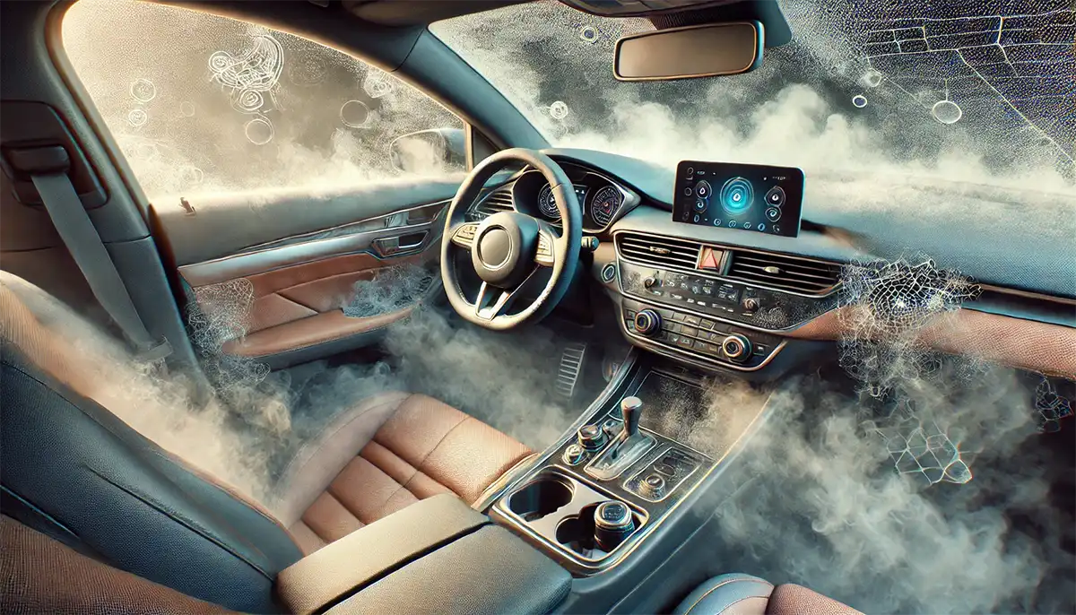 car interior with vape residue on the dashboard and windows