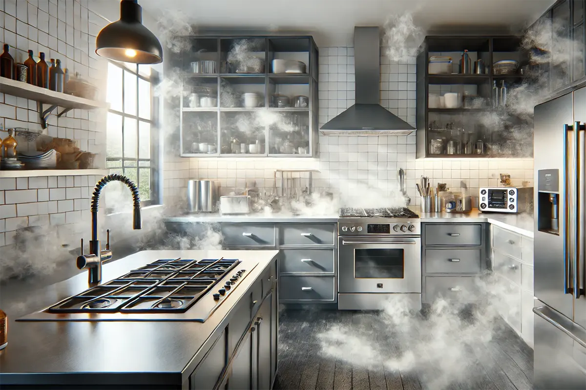 a visible thin film of vape residue on appliances and countertops