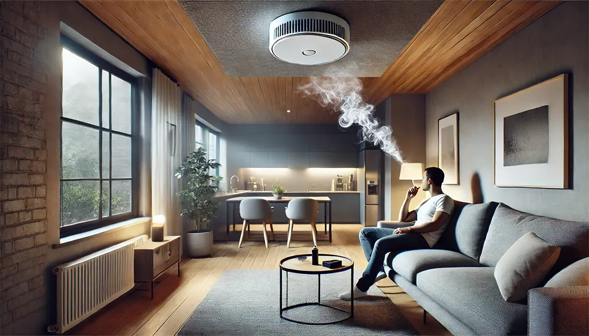 a visible smoke detector on the ceiling and a vaper exhales vapor