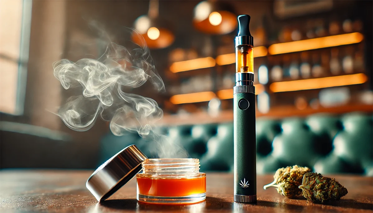 a sleek dab pen on a table emitting thick vapor