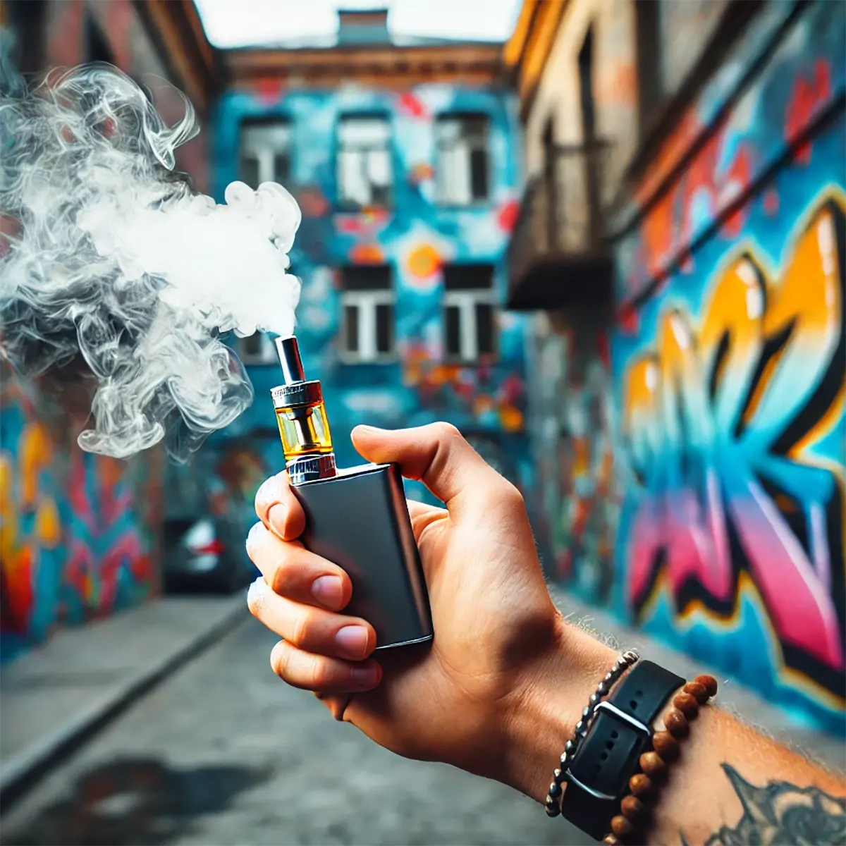 a vaper holding a dab pen and exhaling thick vapor