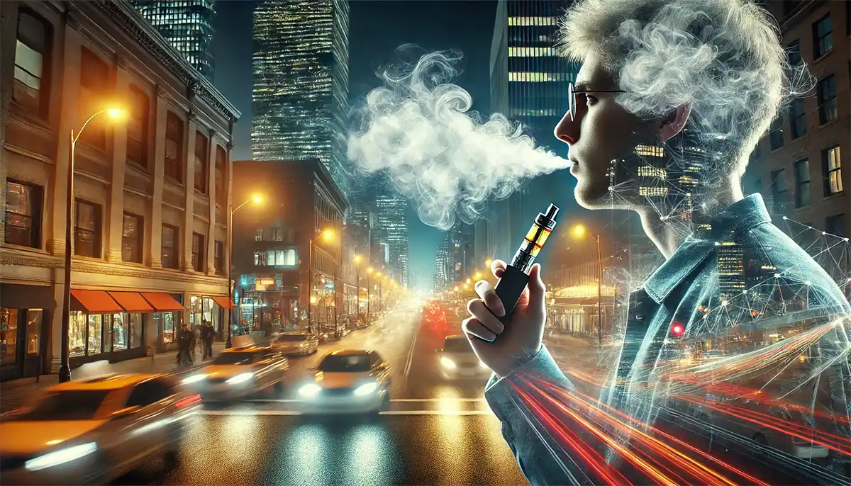 an adult vaper exhaling a cloud of vapor while standing on a city street at night