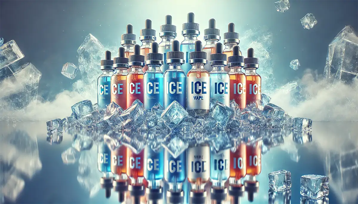 different flavored vape juices labeled with 'ICE'