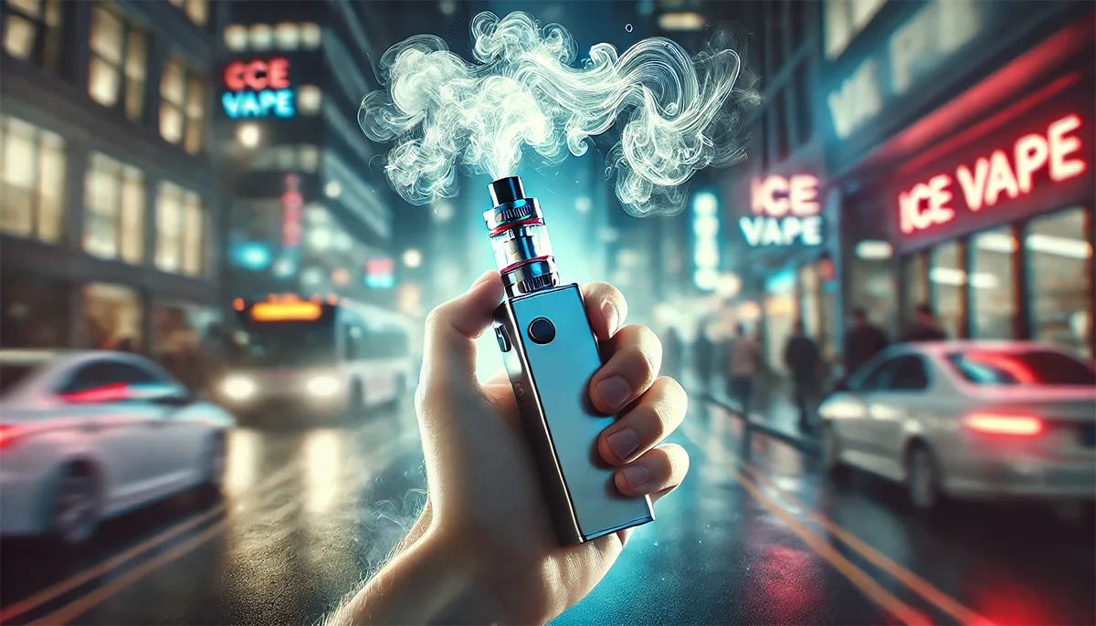 a vaper holding a vape device and exhaling vapor