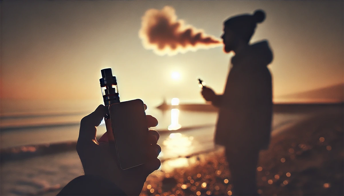 an adult vaper holding a vape device that emits great vapor