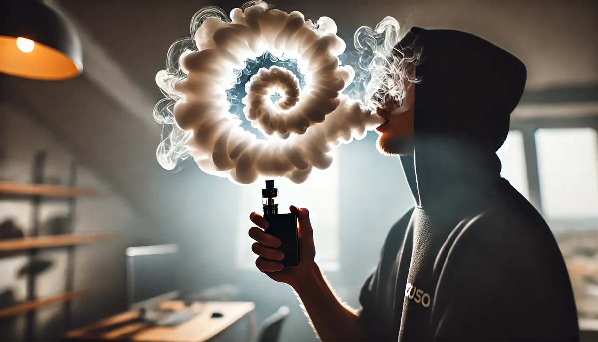 a vaper practicing cloud chasing tricks indoors