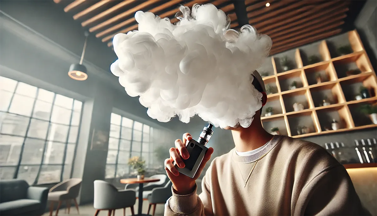 a cloud chaser blowing a massive cloud of vapor indoors