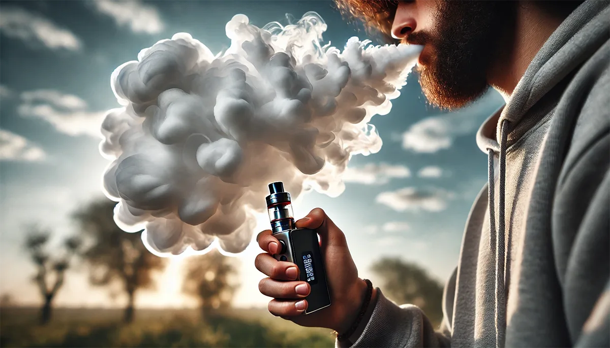 a cloud chaser blowing a huge vapor cloud outdoor